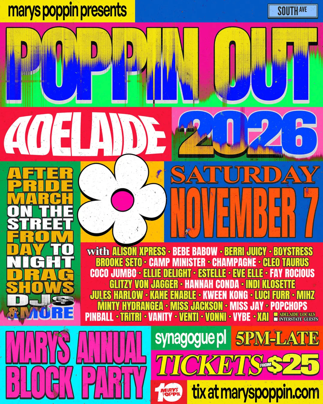 Poppin Out Adelaide 2026 poster for Mary's Annual Block Party on Synagogue Place featuring Pride March event details and a drag artist lineup.